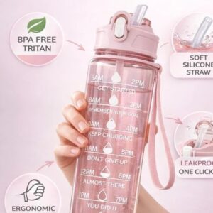 Water Bottle With Straw& Time Marker 900 ml Plastic Bottle